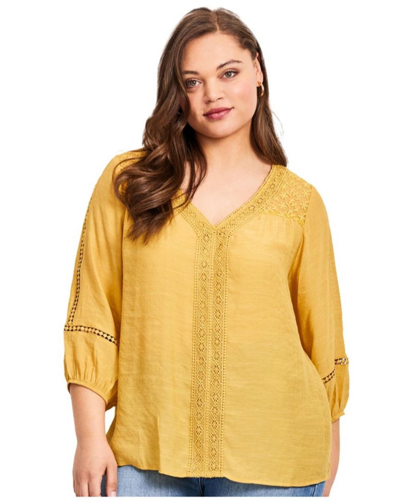 Women's Plus Size Embroidered Lace Detail Peasant Blouse