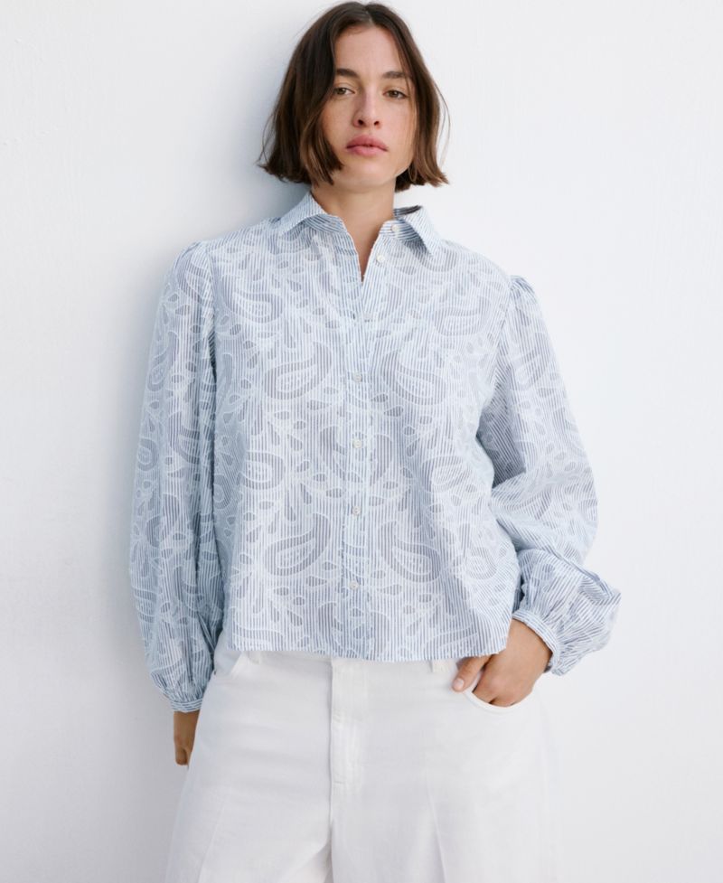 Women's Puff-Sleeve Embroidered Striped Shirt