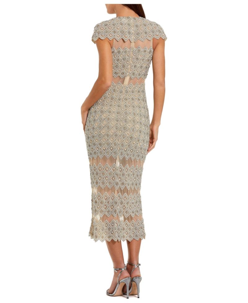 Women's Beaded Mesh Sheath Midi Dress with Sheer Panels