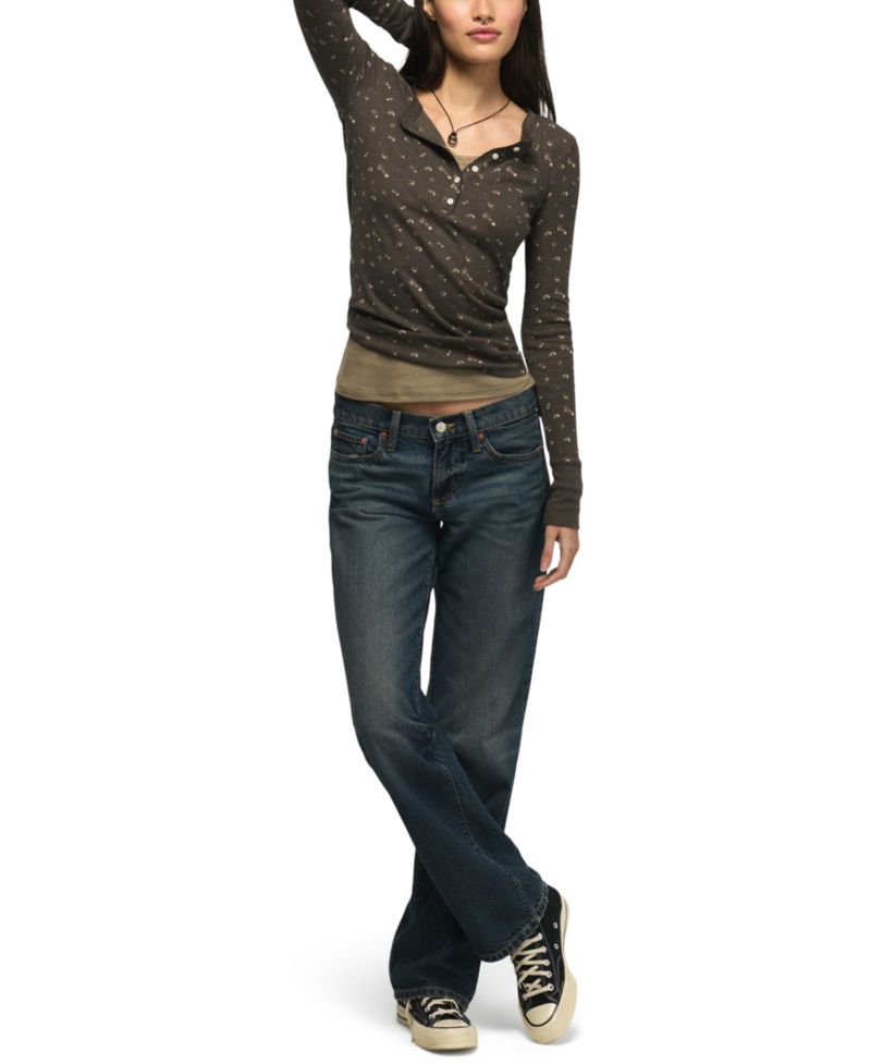 Women's Long-Sleeve Ribbed Floral-Print Henley Top