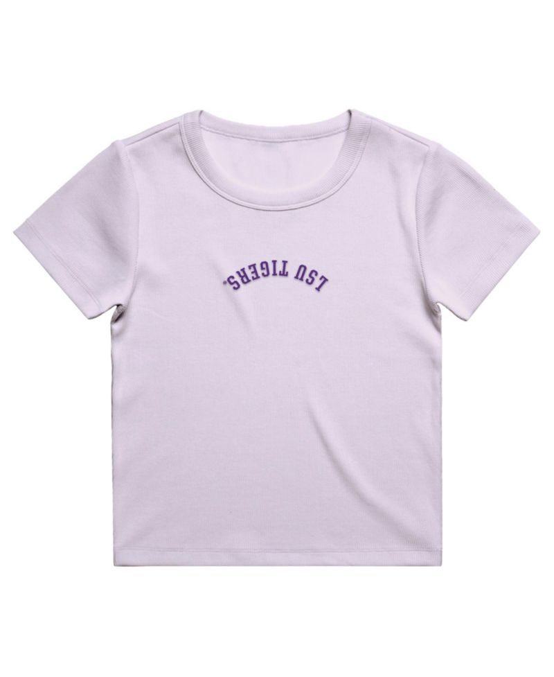 Women's Purple LSU Tigers Upside Down Embroidery Ribbed Cropped T-Shirt
