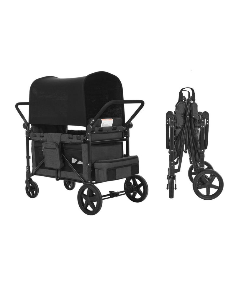 4-Kid Wagon Stroller, Collapsible Push/Pull Cart with Canopy, Safety Harnesses & Adjustable Handle, 330lb Capacity
