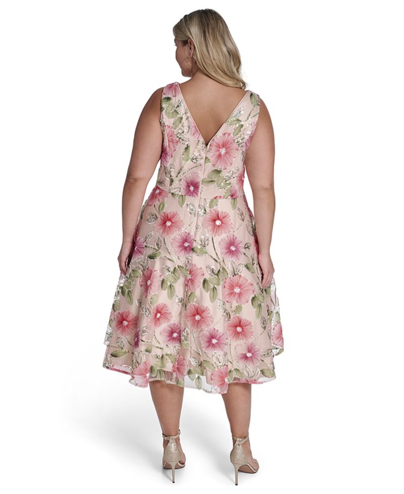Plus Size Polyester-Blend V-Neck Sleeveless Midi Dress