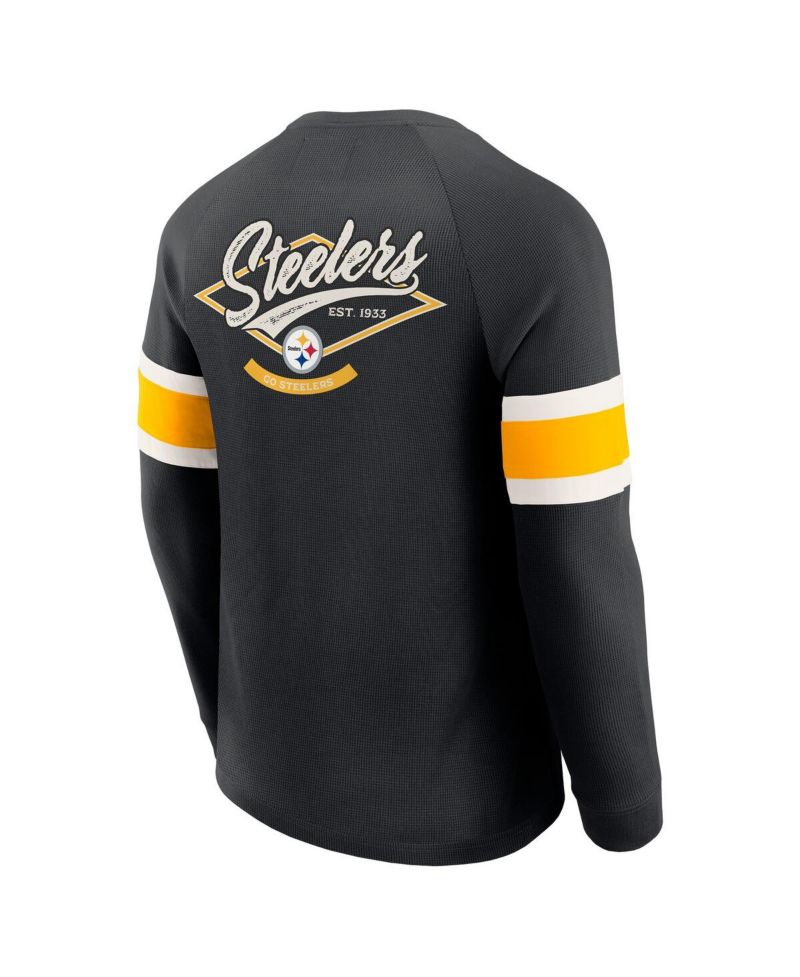 Men's Black Pittsburgh Steelers Waffle-Knit Raglan Long Sleeve Henley T-Shirt