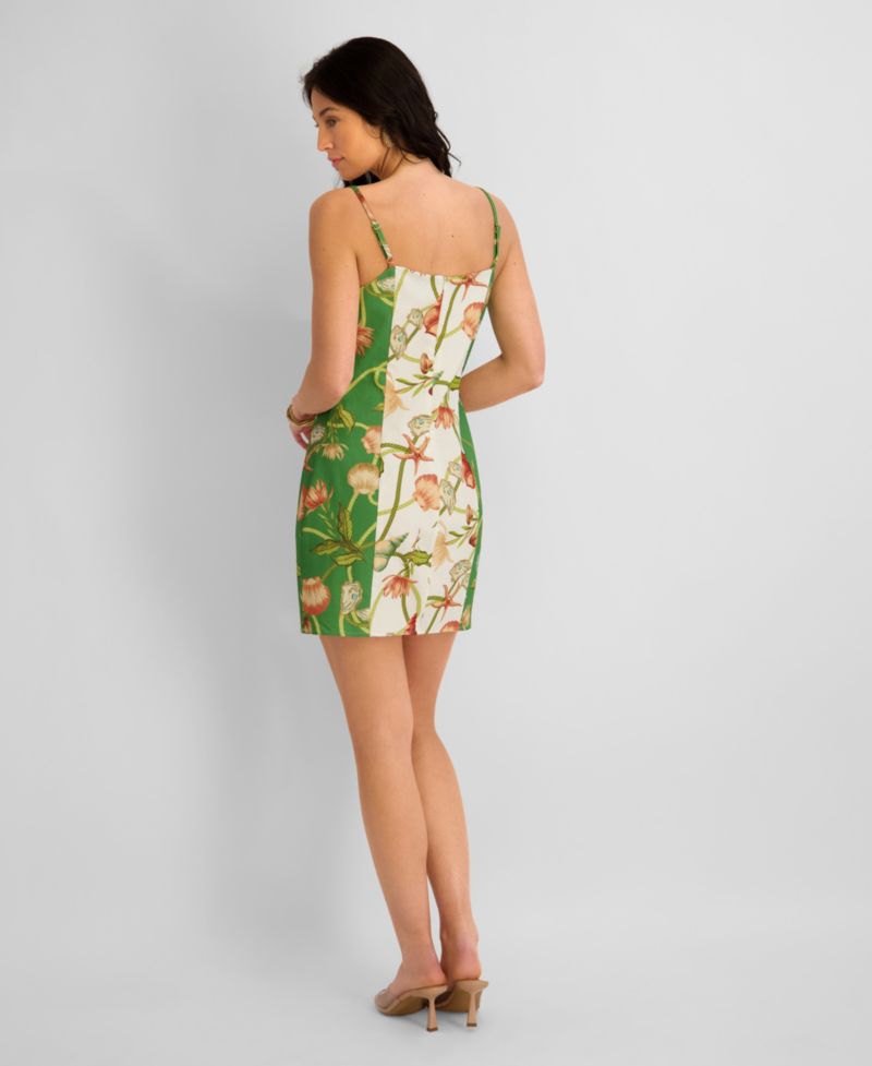 Women's Printed Flax Woven Square Neck Short Dress