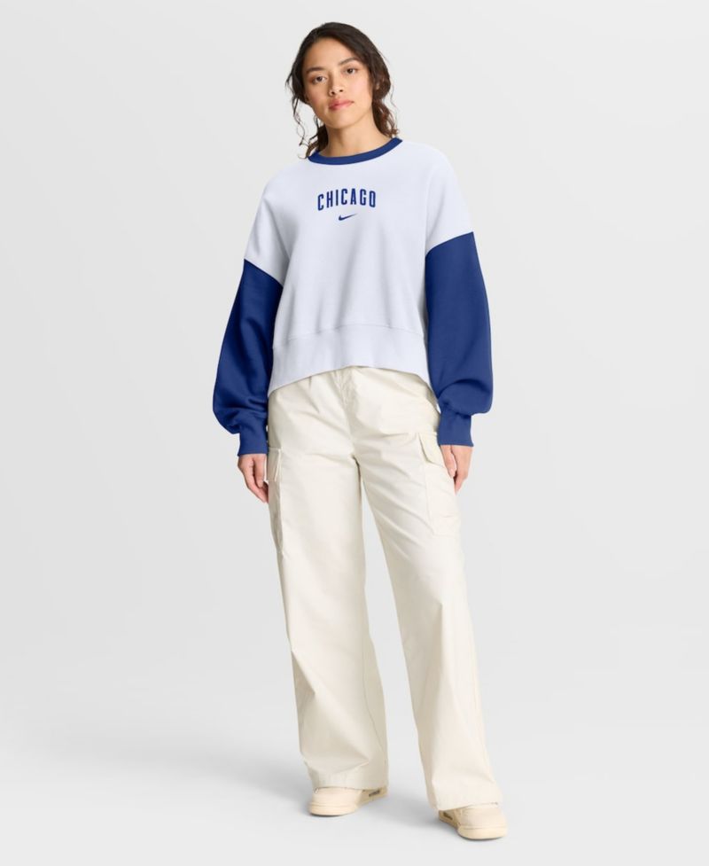 Women's White/Royal Chicago Cubs Oversized High Hip Fleece Sweatshirt