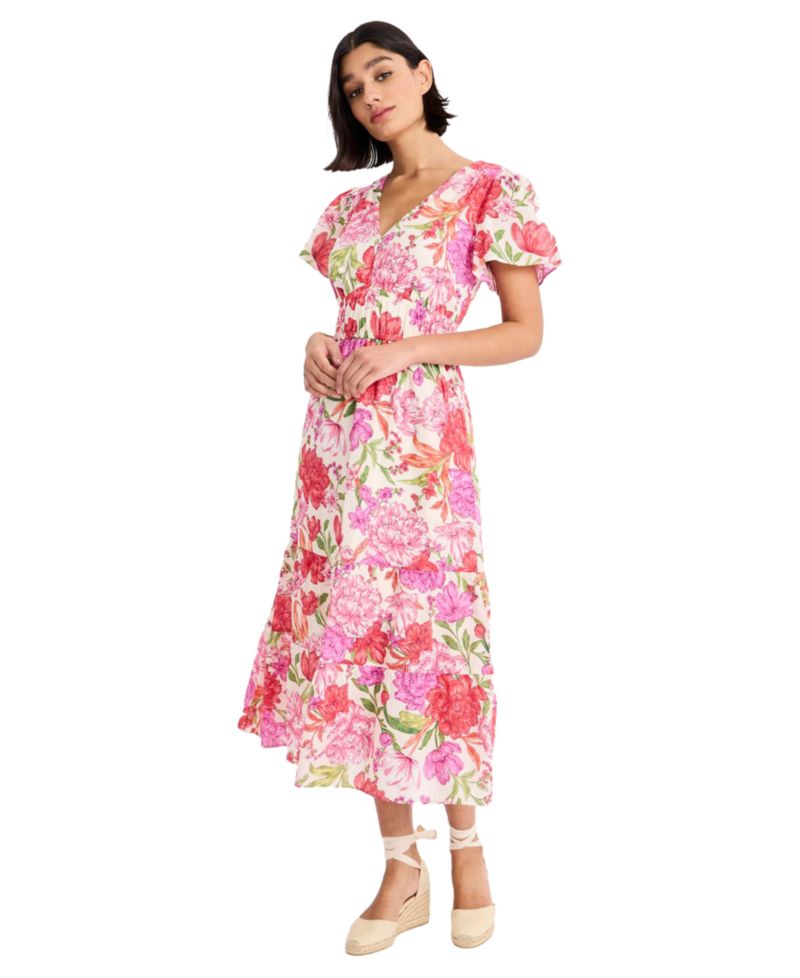 Women's Puff-Sleeve V-Neck Midi Dress