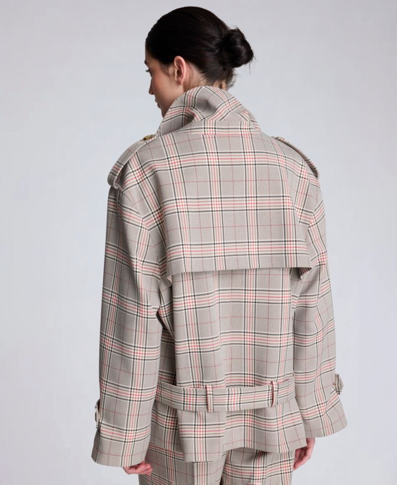 Women's Glen Plaid Button Front Drop Waist Belted Trench Jacket