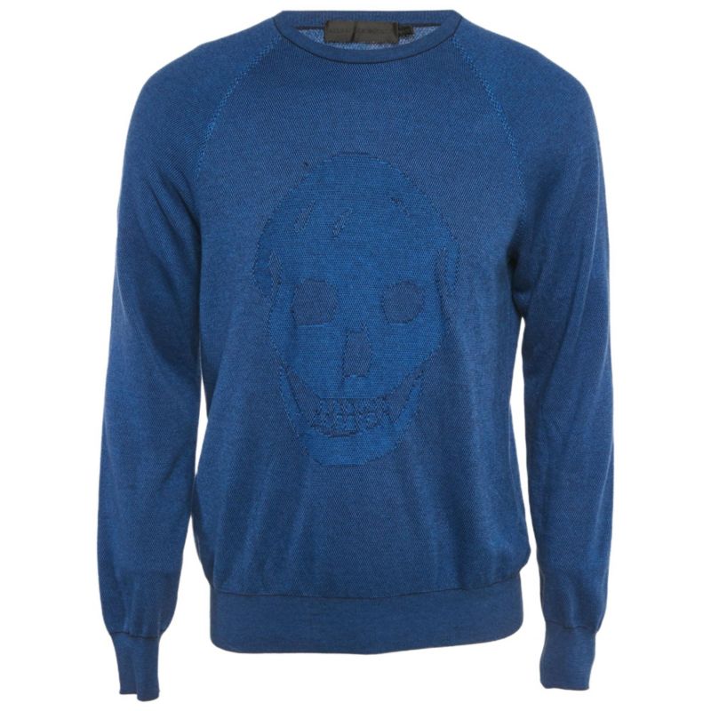Men's Blue 3D Skull Embossed Cotton Knit Sweater