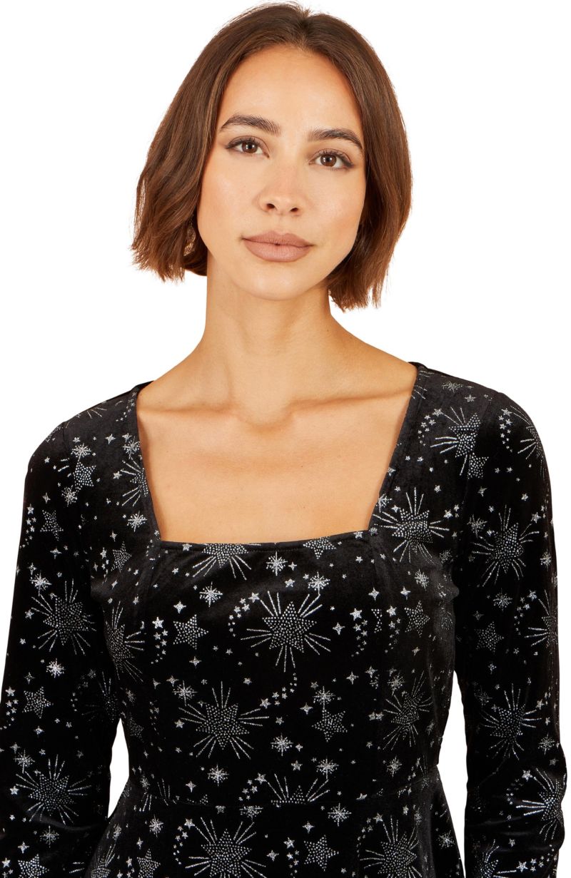 Women's Starburst Long-Sleeve Square-Neck Velvet Skater Dress