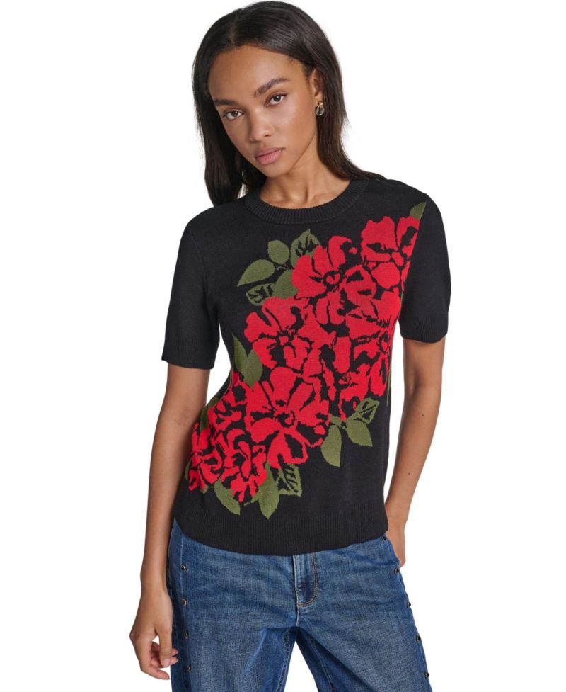 Women's Short-Sleeve Crewneck Rose-Print Pullover Sweater