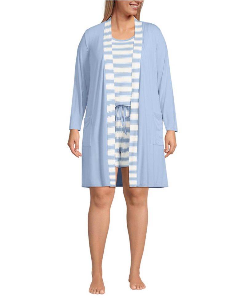 Plus Size Cooling 3 Piece Pajama Set - Robe Tank and Shorts