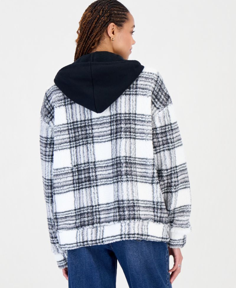 Juniors' Sherpa-Lined Plaid Hooded Shacket