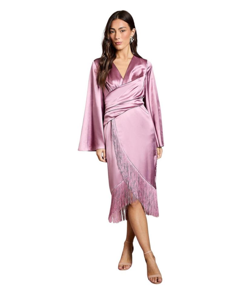 Women's V-Neck Fringe Wrap Midi Dress