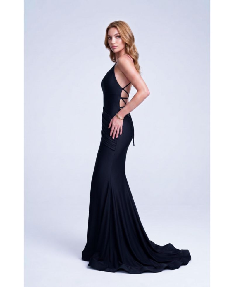 Women's Plunge-Neck Ruched Mermaid Gown