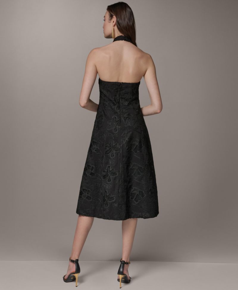 Women's Halter Fit & Flare Sleeveless Embroidered Midi Dress