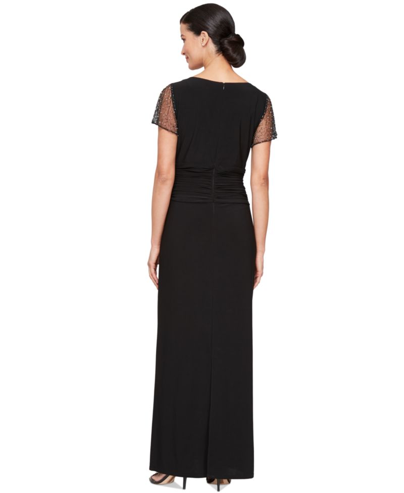 Women's Beaded Flutter-Sleeve Ruched Gown