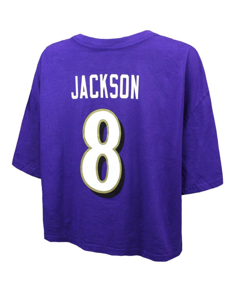 Women's Lamar Jackson Purple Baltimore Ravens Swarovski Crystals Boxy Cropped Name & Number T-Shirt