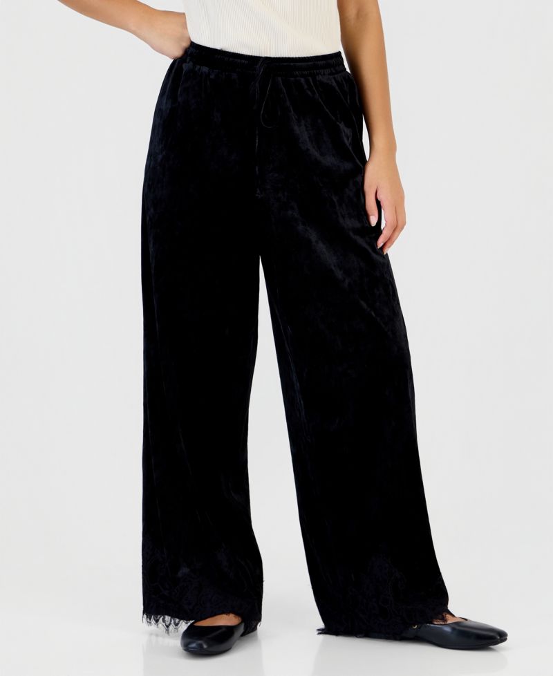 Petite Velvet Lace-Trim Wide-Leg High-Rise Pants