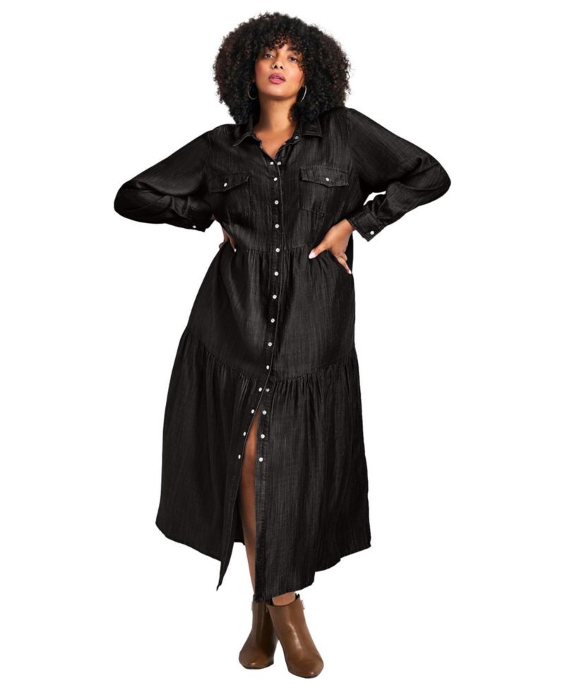 Women's Plus Size Denim Tiered Shirtdress