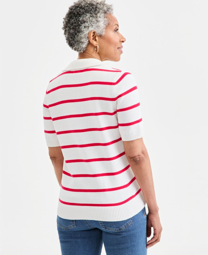 Petite Striped Cotton Elbow-Sleeve Johnny Collar Sweater
