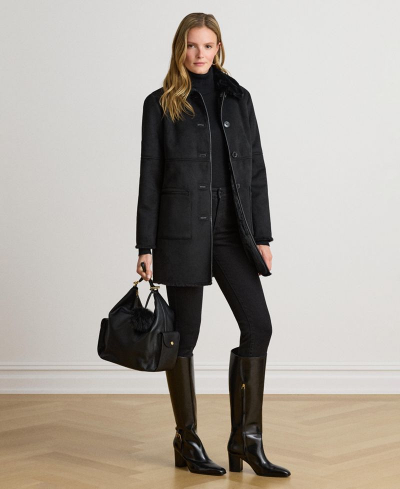 Women's Shearling Coat with Faux Fur Collar