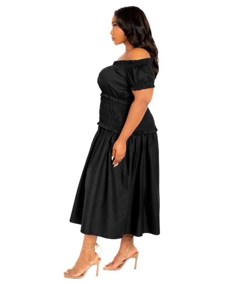 Women's Plus Size Off Shoulder Smocked Midi Dress