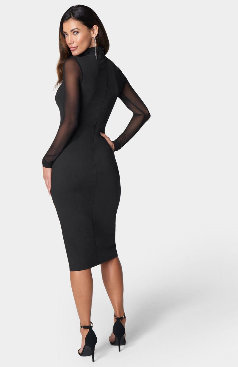 Women's Mesh Inset Long Sleeve Midi Dress