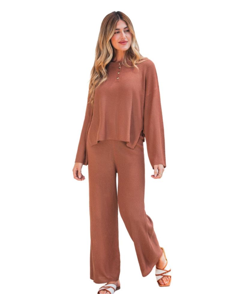 Women's Waffle-Knit Henley Top and Wide-Leg Pants Set