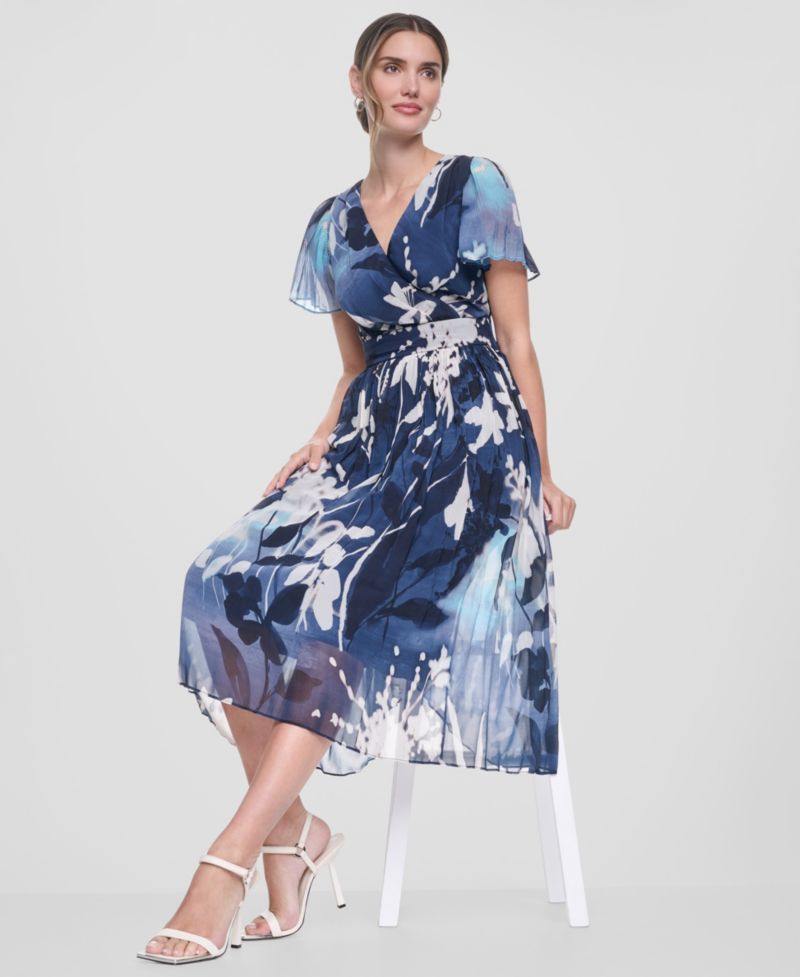 Women's Flutter-Sleeve Release Pleat Midi Dress