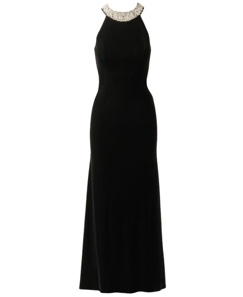 Petite Imitation Pearl Collar Velvet Sleeveless Halter Gown