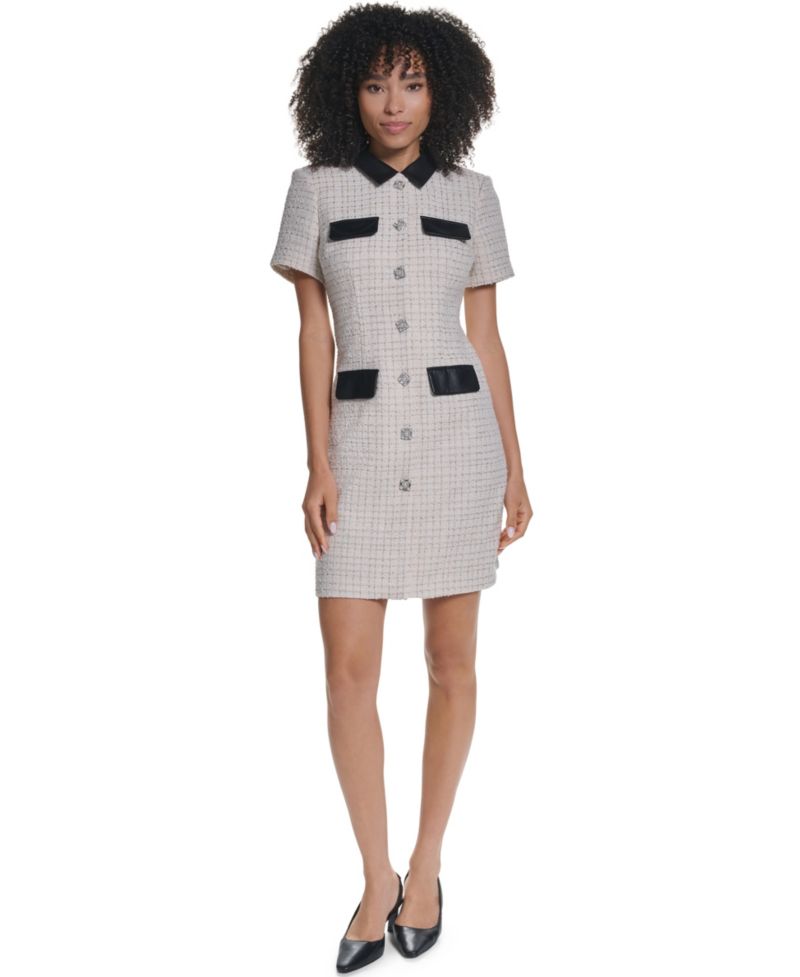 Women's Boucle-Tweed Short-Sleeve Knee-Length Dress