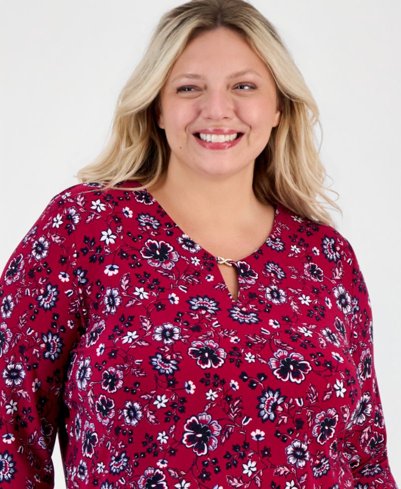 Plus Size Kissing Trim Top Floral-Print V-Neck Keyhole Detail Blouse