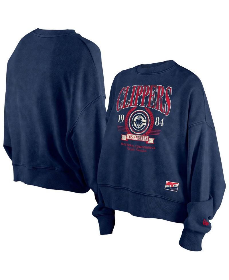 Women's Navy LA Clippers Hardwood Classics Enzyme Wash Oversized Boxy Pullover Sweatshirt