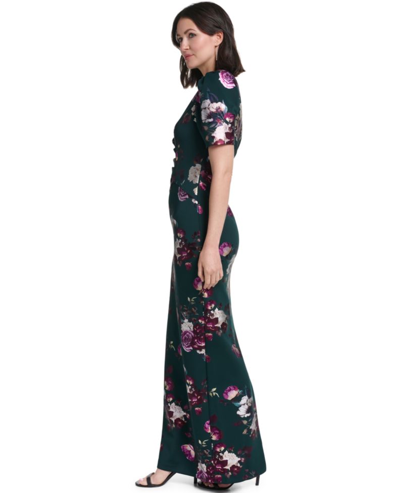 Petite Floral Boat Neck Elbow-Sleeve Gown