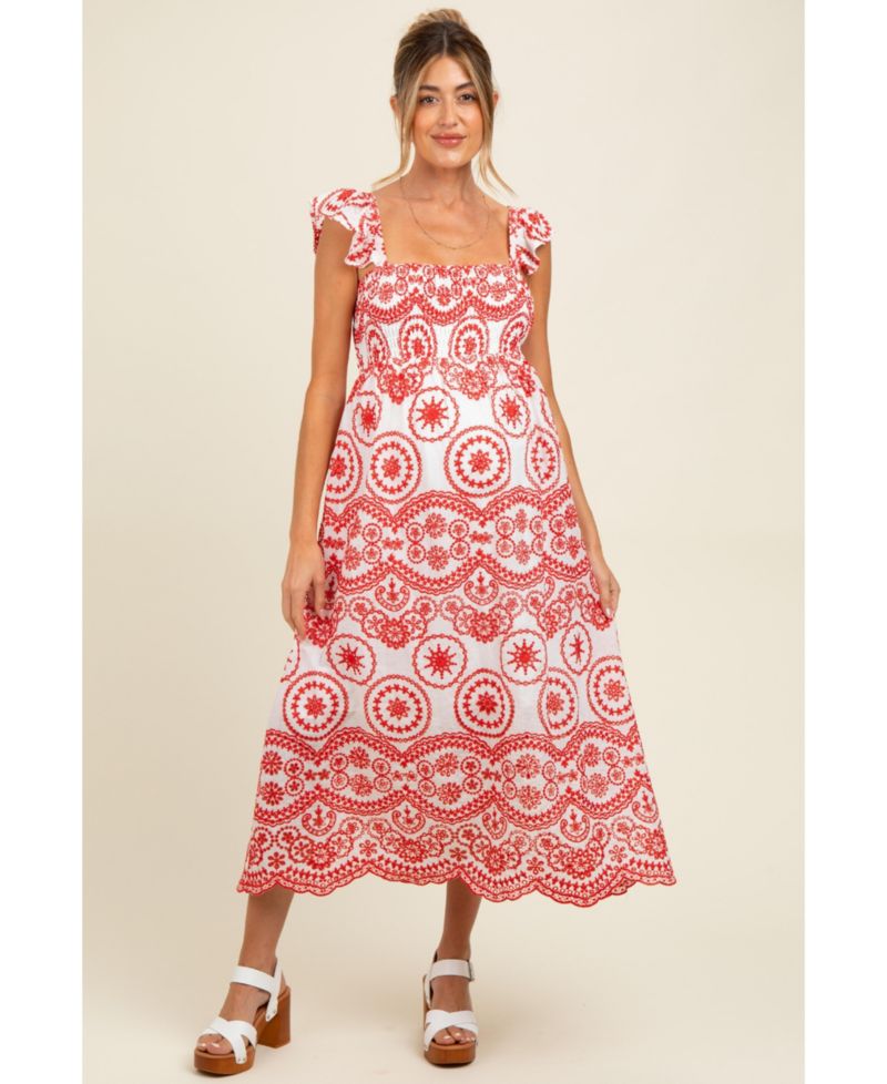Women's Red Embroidered Smocked Cutout Midi Dress