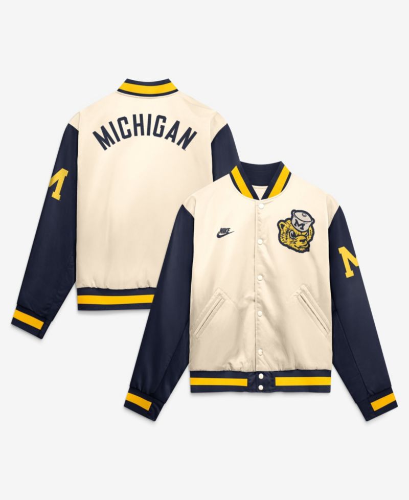 Men's Natural/Navy Michigan Wolverines Legacy Full-Snap Bomber Jacket
