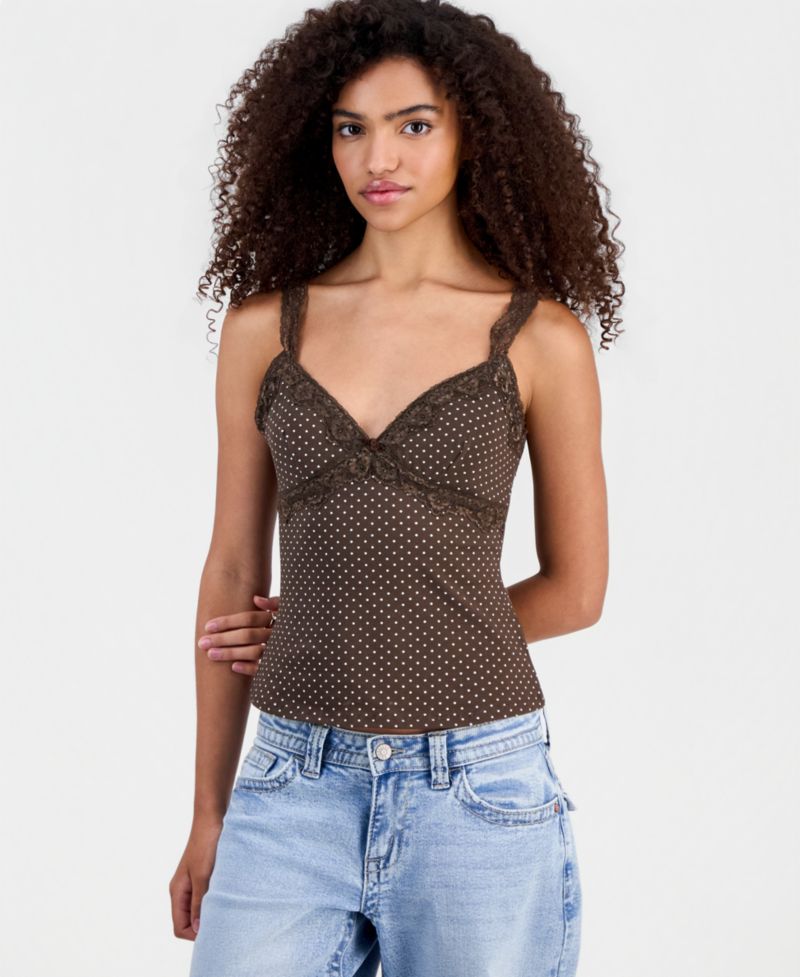 Juniors' Printed Lace-Trim Sleeveless Top