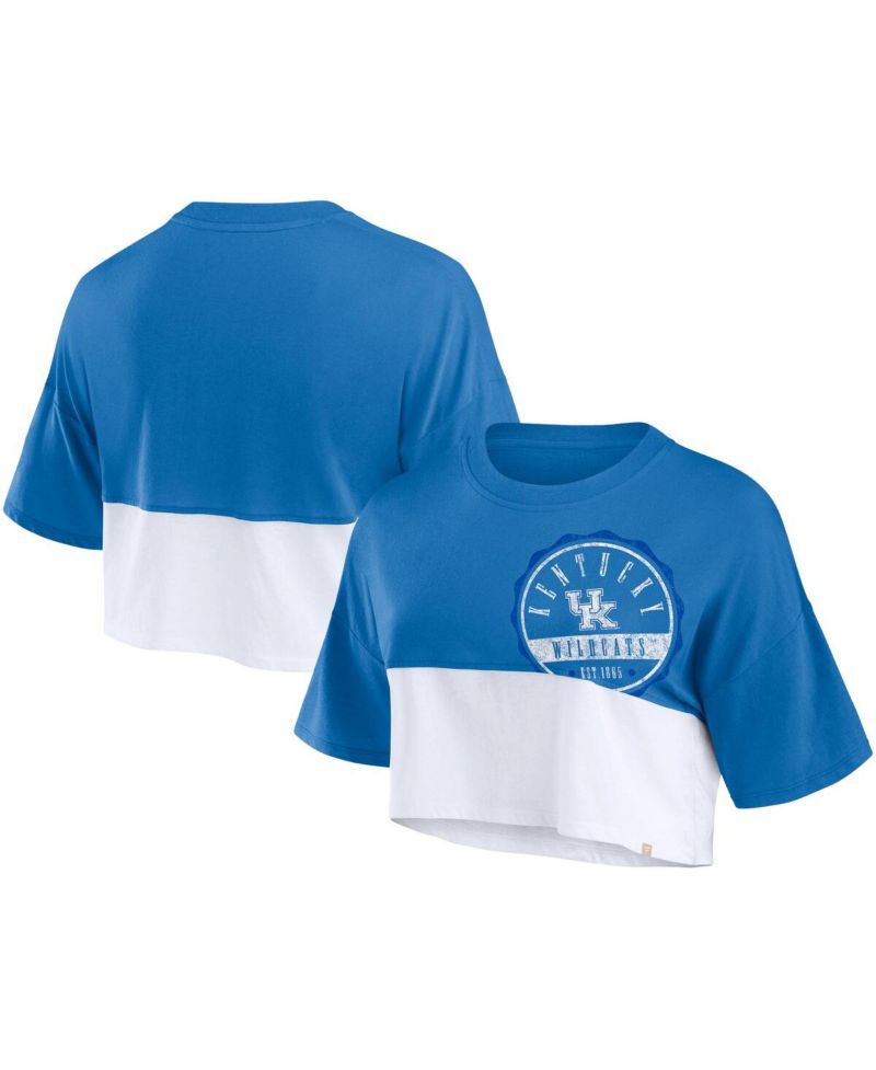 Women's Royal/White Kentucky Wildcats Oversized Badge Color Block Cropped T-Shirt
