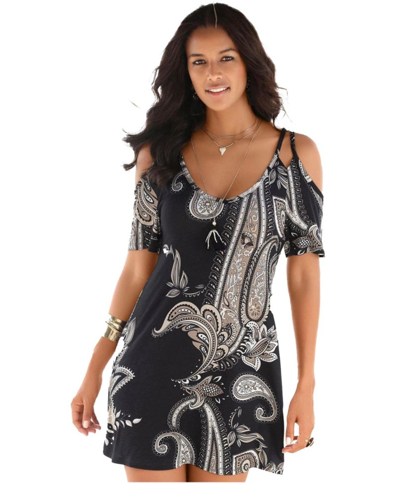 Women's Viscose Printed Cold Shoulder V-Neck Short Dress