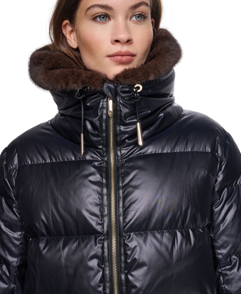 Women's Long Faux Fur Cuff and Collared Puffer