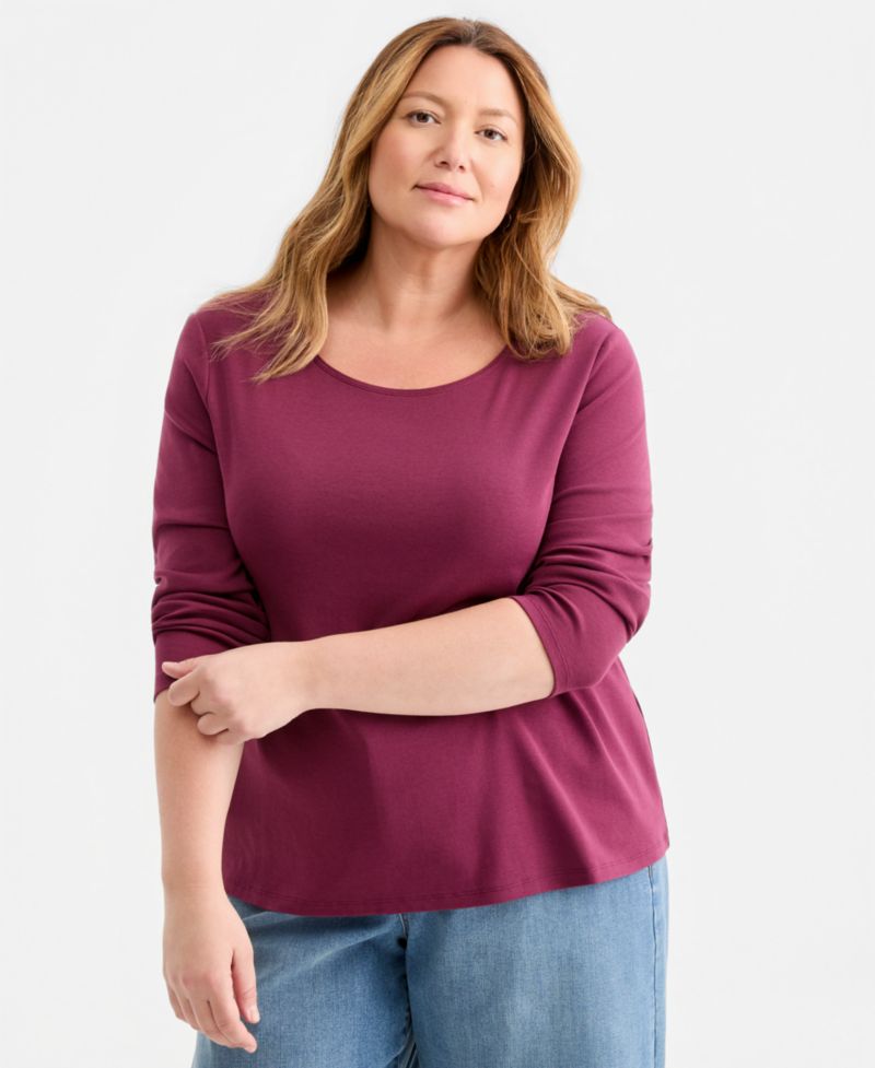 Petite Scoop-Neck Long-Sleeve Cotton Top
