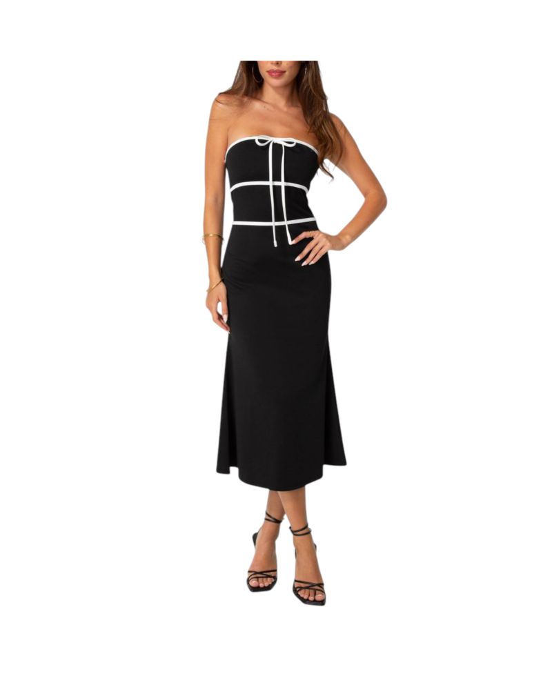 Women's Strapless Tie Detail Midi Flutter Dress