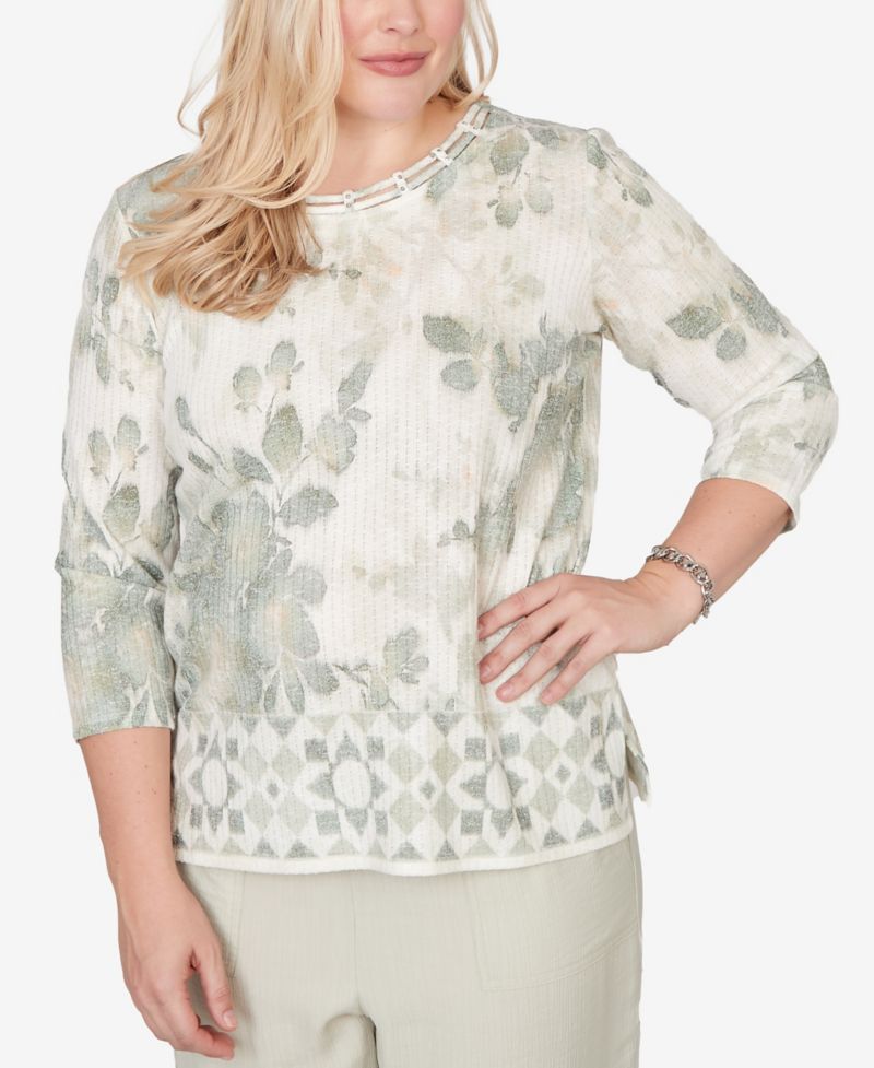 Petite Charm Floral Tonal Border Embellished Crew Neck Top