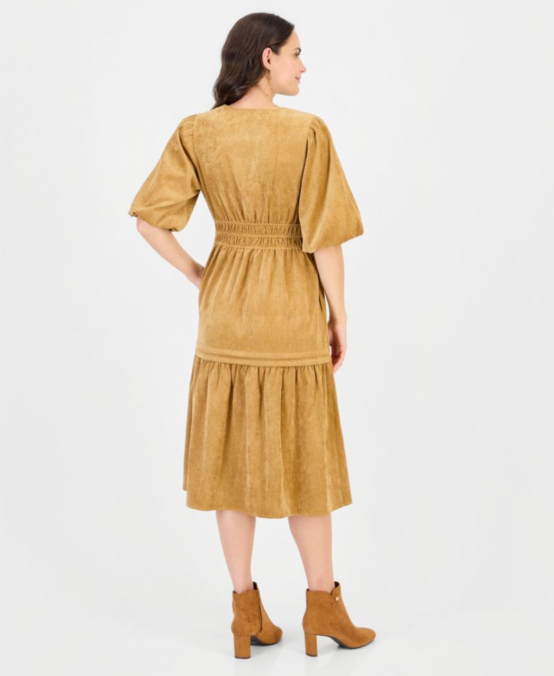 Women's Corduroy Smocked-Waist Tiered Dress