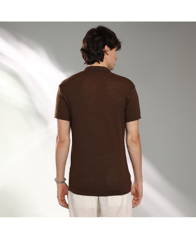 Men's Taupe Brown Rhombus-Textured Knit Shirt
