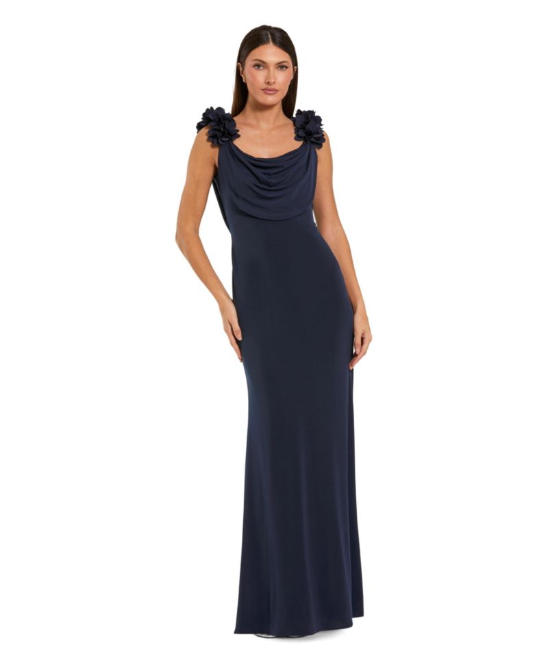 Petite 3D Floral Applique Cowl Neck Evening Gown