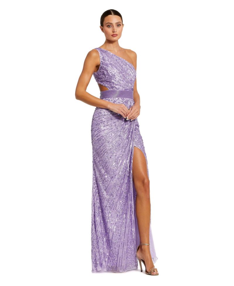 Women's Sequined One Shoulder Draped Lace Up Gown