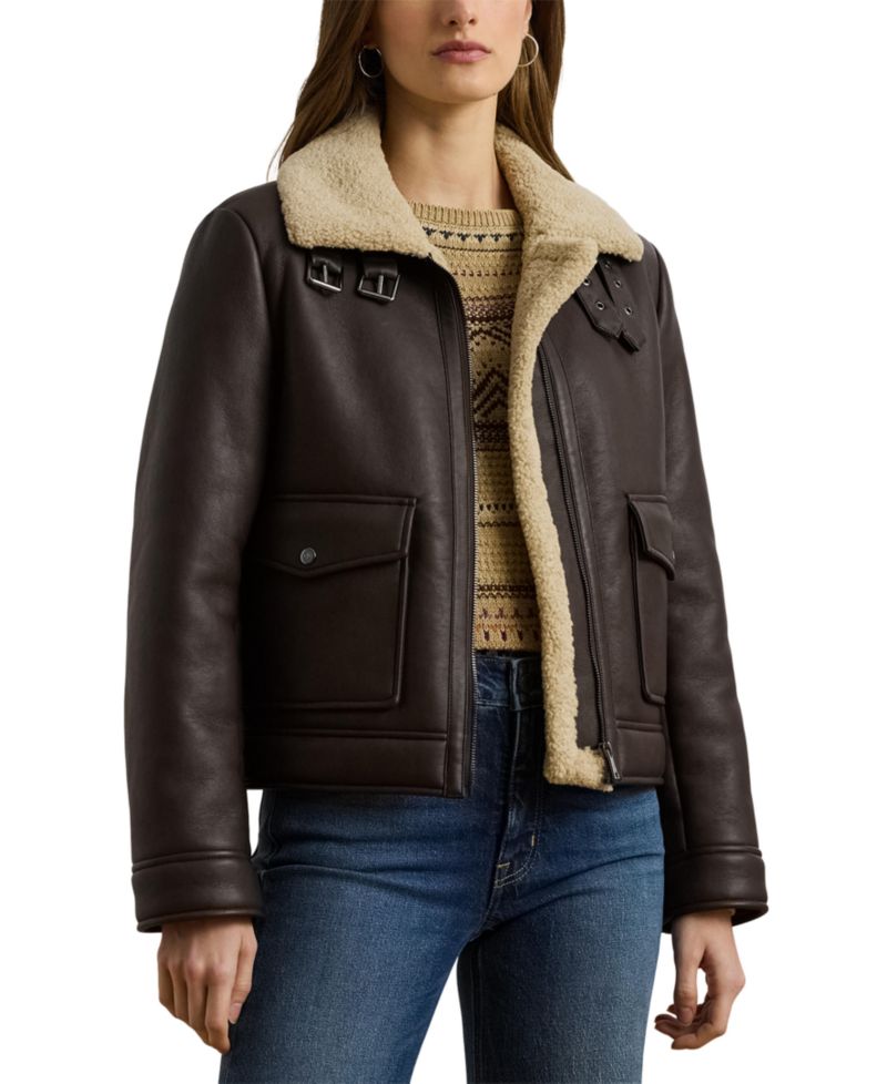 Women's Fleece-Collar Faux-Leather Jacket