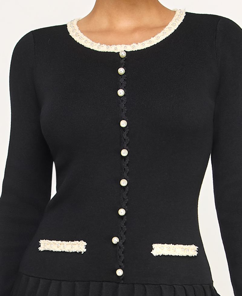 Juniors' Pearl Boucle Trim Pleated Fit & Flare Sweater Dress